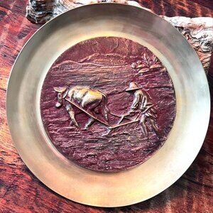Solid Brass Decorative Plate With Farmer & Oxen Relief Design Wall Hanging 11" D
